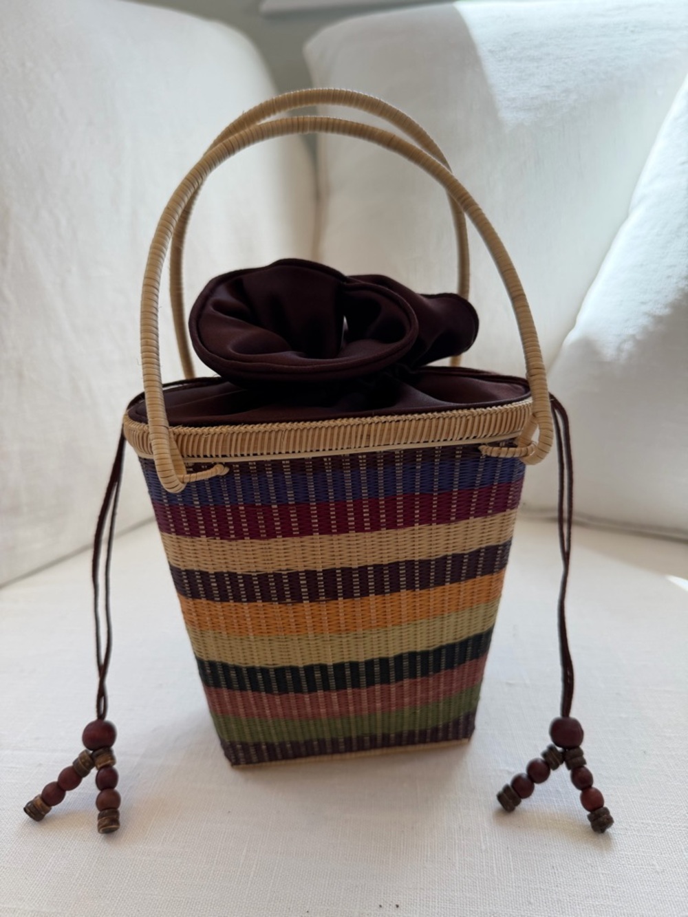 Multicolor Striped Woven Mini Bucket Bag with Brown Drawstring Top